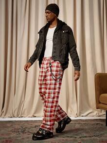 Manfinity Homme 男士休闲格子印花直筒牛仔裤，万圣节学院风 - 彩色 - 查看 2