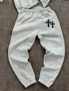 SHEIN Teen Boy Autumn New Arrival Casual Style Graffiti Handpainted Star & Letter Print Sports Streetwear Y2K Long Sleeve Hoodie Set, Suitable For Autumn/Winter Fall