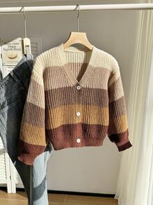 Elladie kids 女童彩虹色开衫，儿童秋冬针织毛衣上衣，时尚百搭 - 卡其色 - 查看 3