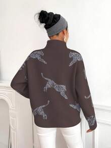 SHEIN Clasi Women's Leopard Pattern Loose Fit Dropped Shoulder Long Sleeve Turtleneck Sweater, Casual For Autumn/Winter - Brown - View 2