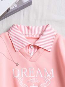 青少年女孩运动衫，休闲学院风百搭，二合一运动衫衬衫领数字和字母印花豹纹宽松版型 - 粉色 - 查看 3