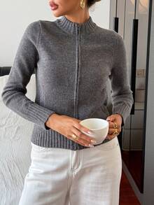 Livesso Damen einfarbiger Lässig Office Wear Stehkragen Mode Strickjacke, Herbst/Winter - Grau - Übersicht 7