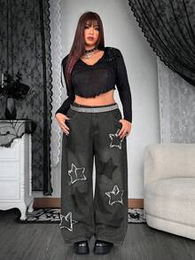 Whyspr 垃圾朋克骷髅大码女式前扣口袋五角星休闲牛仔裤