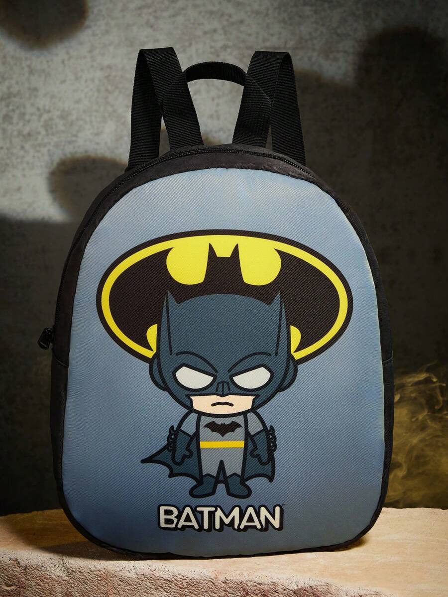 BATMAN X SHEIN 1 Stück Rucksack mit Cartoon-Muster, verstellbarer Schultergurtlänge, Sporttasche, Freizeittasche, Segeltuch-Rucksack, Schultasche, Reisetasche, für Mädchen, für Jungen, für Teenager, für Frauen, für Männer, Fledermaus - Grau - Übersicht 1