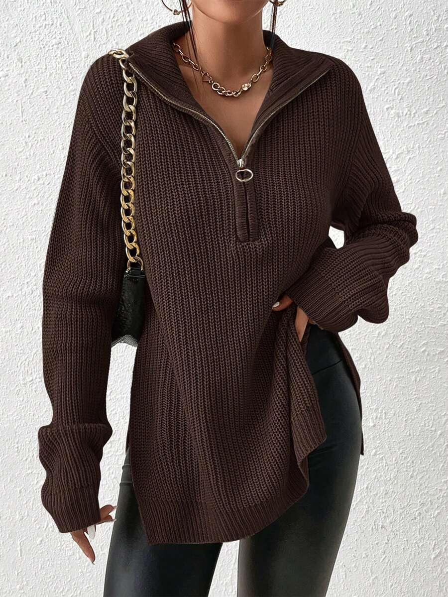 SHEIN Frenchy 女士休闲日常通勤简约纯色半拉链翻领宽松套头衫,秋冬 - 巧克力棕 - 查看 1
