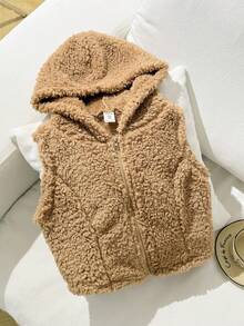 SHEIN 青少年女孩休闲街头风格舒适双面羊毛连帽拉链短款无袖夹克