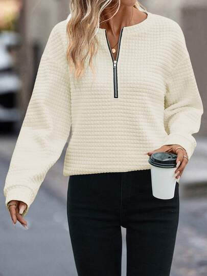 EMERY ROSE Women's Solid Color Half-Zip Round Neck Casual Long Sleeve Pullover Sweatshirt