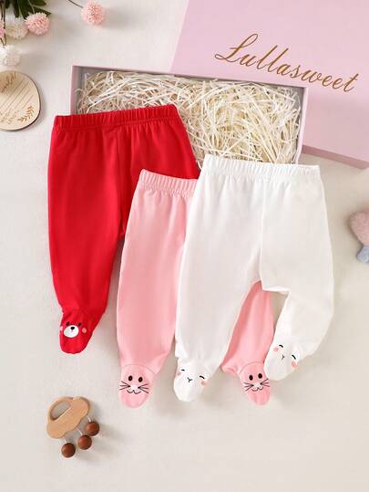 SHEIN Newborn Baby Casual Cute Yellow Bear, Pink Kitty, White Rabbit Footie Pants, Cotton Baby Clothes Outfit
