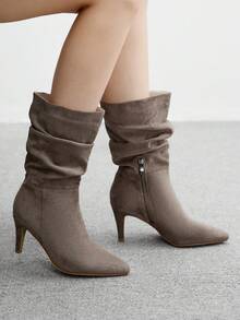 CUCCOO BIZCHIC بوت كاحل نسائية مريحة وعملية ذات كعب رفيع وأصبع مدبب من الجلد المدبوغ الخردلي، سهلة الارتداء والخلع، مناسبة للارتداء اليومي - رمادي - مشاهدة 5