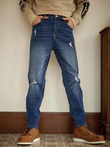 RivetRise 男士休闲水洗做旧锥形牛仔裤 - 深色水洗藍 - 查看 1