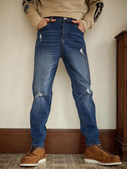 RivetRise Stylish Men's Dark Wash Skinny Jeans Long Plain Denim Trousers With Zipper For Casual Look Tapered Stretch Regular Washed Blue Urban Going Out Distressed Jeans For Dad