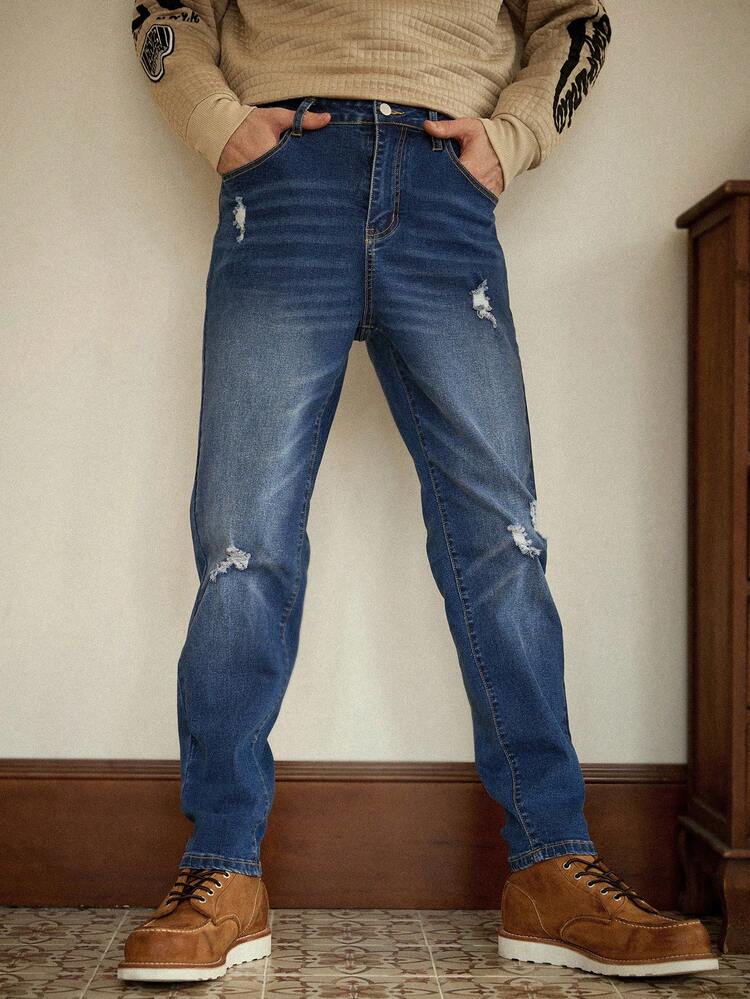 RivetRise 男士休闲水洗做旧锥形牛仔裤 - 深色水洗藍 - 查看 1