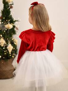 SHEIN Baby Girl Colorblock Bow Decor Ruffle Trim Mesh Patchwork Long Sleeve Dress - Multicolor - View 3