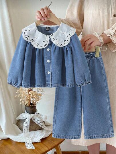 SHEIN Conjunto de 2 piezas de estilo campestre casual para niña bebé con cuello Peter Pan de mezclilla, para otoño/invierno