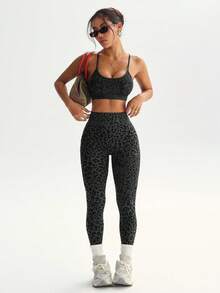 Rhythm Era Seamless High Stretch Leopard Print Sports Bra And Leggings Set - Dark Grey - View 5