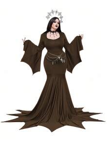 Whyspr 加大码性感朋克万圣节服装角色扮演女巫连衣裙，不对称下摆和喇叭袖 - 咖啡棕 - 查看 6