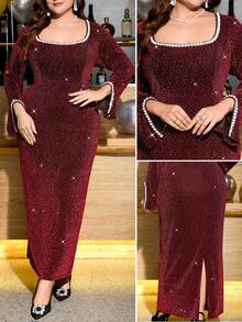 Reflora Plus Size Elegant Long Sleeve Sequin Embellished Dress - Red - View 6