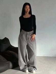 DAZY 女士做旧水洗阔腿牛仔裤 Y2k - 淺灰色 - 查看 4