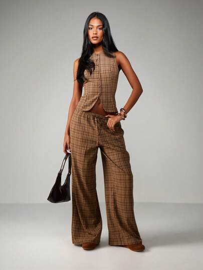 MISSGUIDED Conjunto coordinado de dos piezas a cuadros, chaleco con botones delanteros y pantalones palazzo de pierna ancha, atuendo de negocios casual de otoño