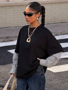 Muchica Women's New 2 In 1 Round Neck Loose Long Sleeve T-Shirt,Fall,Fall Clothes For Women - Black - View 3