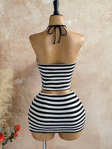 Soleia Women's 2 Pieces Floral Print Halter Top And Mini Skirt Set, Suitable For Beach/Vacation Black And White Stripe Casual Chic Women's Set Fall Clothes For Women