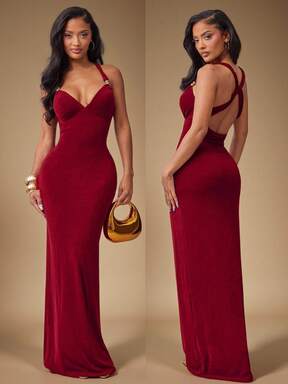 Radiana Robe moulante bordeaux sexy et élégante pour femmes, design dos nu avec bretelles spaghetti ornées de perles métalliques. Robe de soirée rouge convenant pour les rendez-vous, les réunions, les anniversaires, les fêtes, les banquets et les occasions formelles