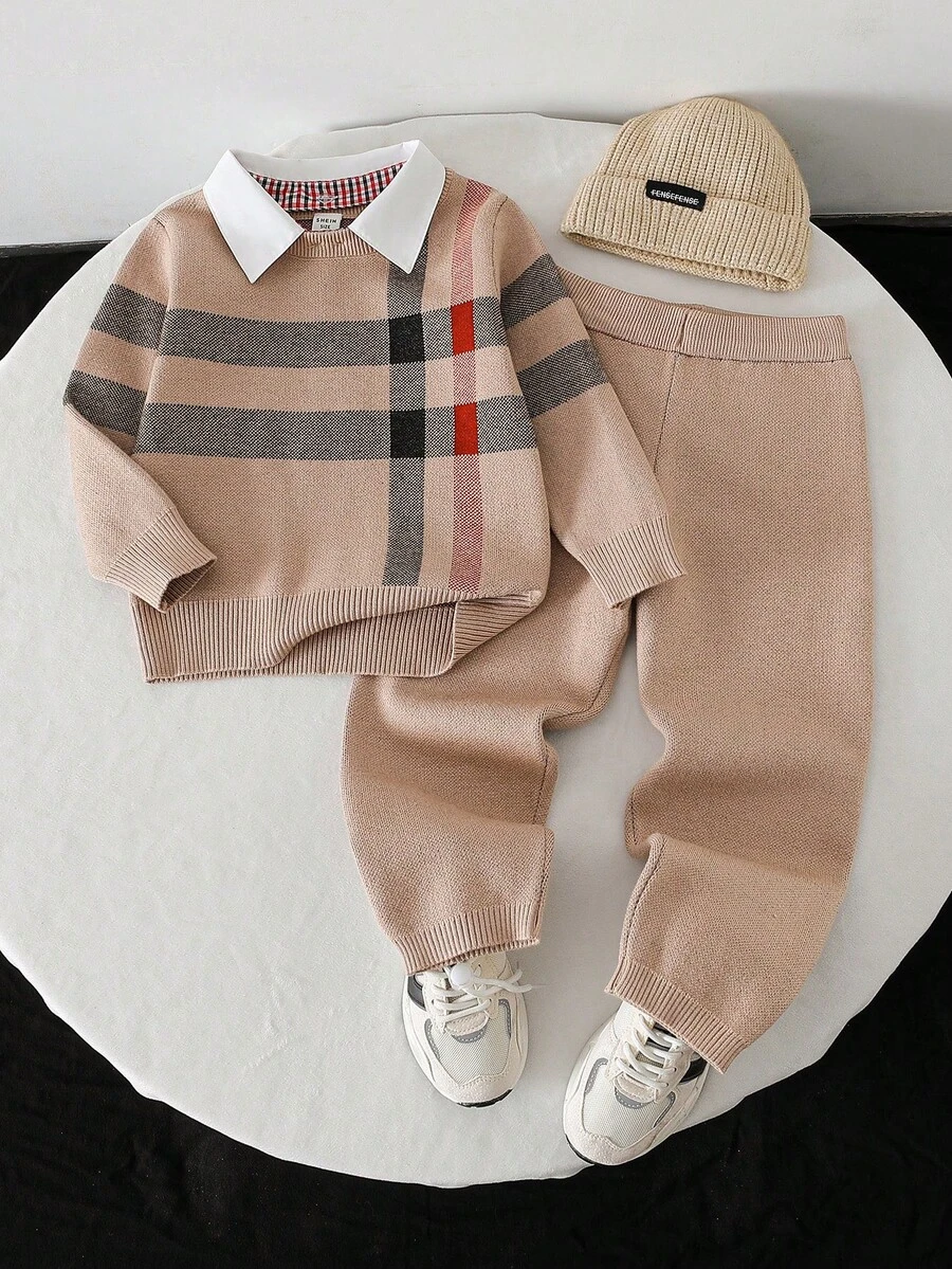 SHEIN Playful Pals 2pcs Kids British Style Knitted Set, Boys Plaid Sweater With Shirt Collar, Thickened Pants Outfit, Autumn/Winter School Style Boys Casual Autumn Winter Outfit Boys Fall Winter Two Piece Set Boys Brown Plaid Knit Suit Boys Two Piece Knit Set Boy Winter Set - Khaki - View 1