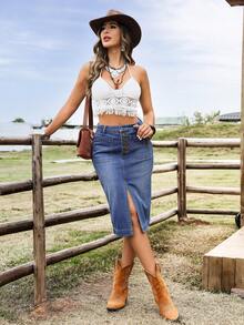 EMERY ROSE Plus Size Washed Denim Casual Skirt - Blue - View 4