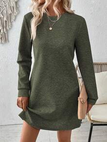 EMERY ROSE Plus Size Women Casual Loose Fit Round Neck Long Sleeve Dress, Autumn/Winter