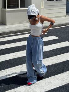 SHEIN Explorewe 青少年女孩休闲时尚酷炫侧条纹仿口袋设计系带宽松直筒牛仔裤 - 淺藍色 - 查看 5