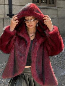 GalTyme Plus Size Women Hooded Faux Fur Jacket, Fashionable For Autumn/Winter - Red - View 5