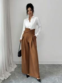 Elenzga 高腰系带褶饰宽松阔腿裤，英伦风 - 棕色 - 查看 6