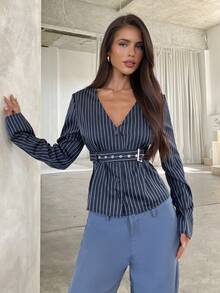 Aloruh Women's Striped V-Neck Long Sleeve Single-Breasted Belted Casual Shirt - Blue - View 6