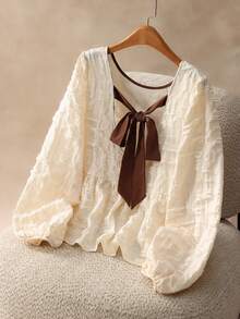 Elaquor Plus Size Contrast Color Backless Tie Front Elegant Long Sleeve Blouse - Apricot - View 1