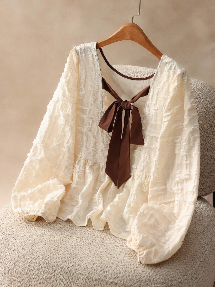 Elaquor Plus Size Contrast Color Backless Tie Front Elegant Long Sleeve Blouse - Apricot - View 1