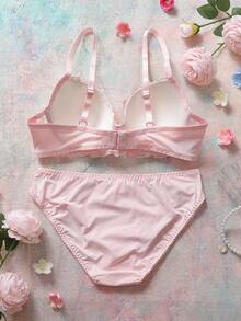 FloralLove 2pcs Embroidered Floral Underwire Padded Push Up Comfy Balconette Bra Set, Cute, Fresh, Romantic, Butterfly Decor Babydoll Lingerie Set For Women Floral Lingerie Set - Pink - View 2