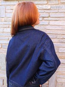 SILVIA DI SANTO 宽松版型翻领拉链长袖牛仔夹克 春夏街头服饰 书店 音乐会 节日街头服饰 返校 工作 办公室 秋季 秋季 冬季 休闲 办公室工作 - 深色水洗藍 - 查看 2