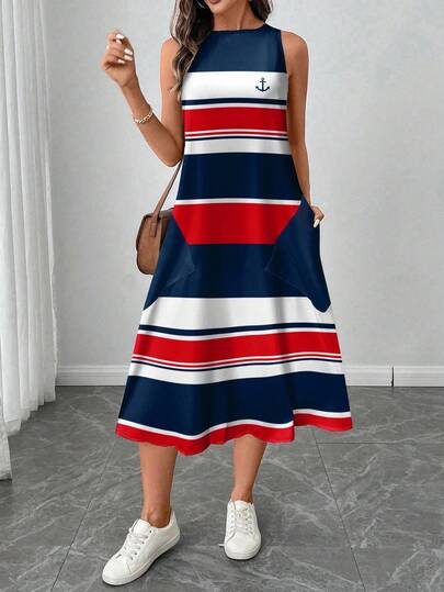 SHEIN LUNE Vestido casual de mujer de largo medio con estampado de bloques de color, adecuado para primavera/verano