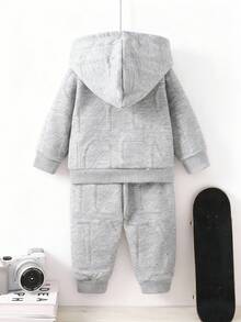 2 件套幼儿男婴字母刺绣纹理针织连帽夹克，带拉链，松紧腰直筒裤，儿童服装，婴儿服装，春/秋/冬，6 个月-3 岁 - 灰色 - 查看 3