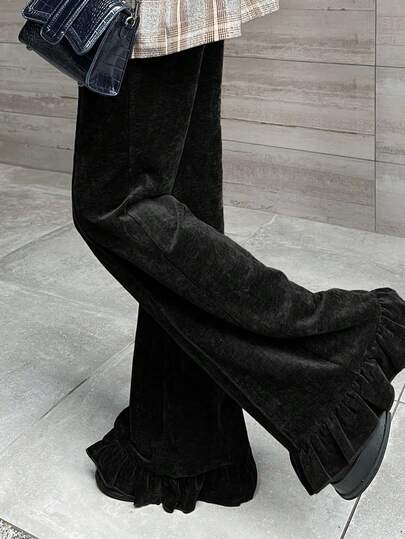 FRIFUL 女式秋季简约纯色松紧腰荷叶边下摆喇叭裤