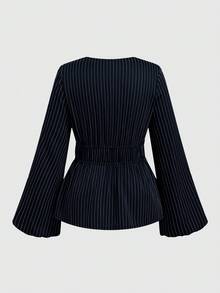Sweetra Áo blouse dáng rộng cổ chữ V sâu buộc dây phía trước, tay loe, eo bó, dáng ôm, sọc nâu và trắng, thường ngày, đi làm, hẹn hò, cỡ lớn - Màu xanh hải quân - Xem 2