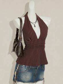 SHEIN ICON Halter Deep V-Neck Cinched Waist A-Line Backless Striped Tank Top - Brown - View 6