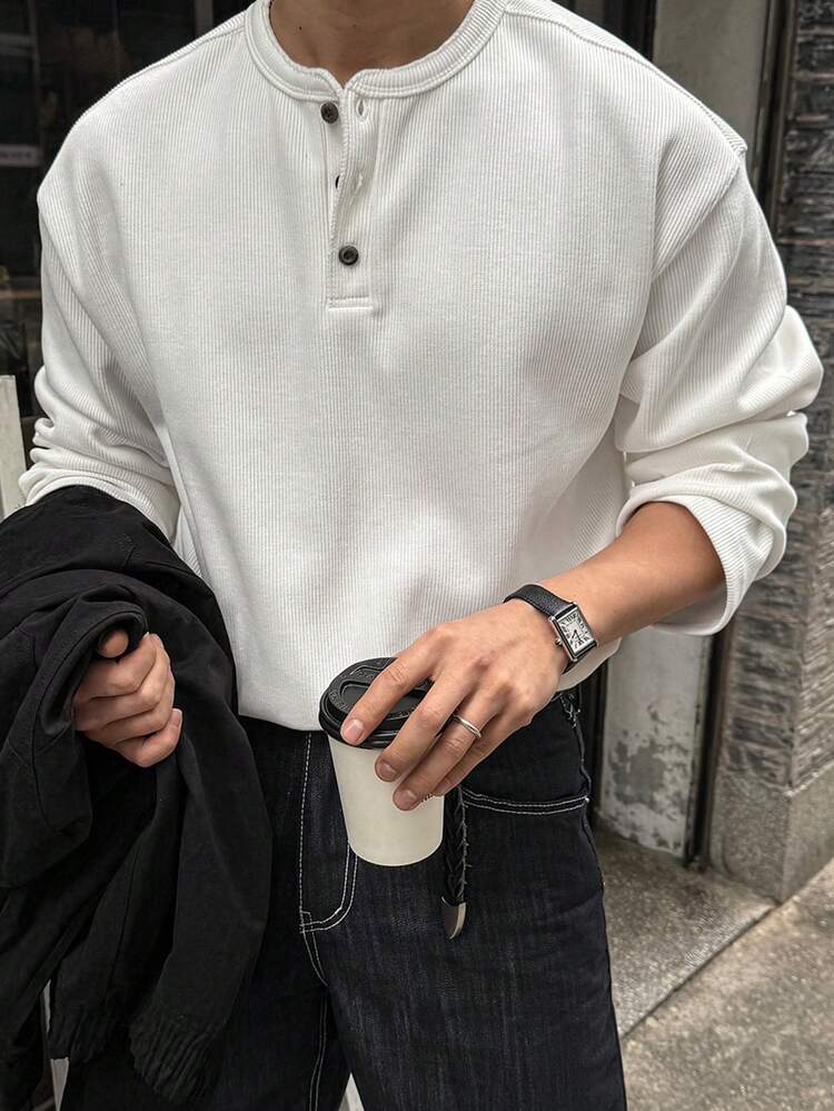 Textured Fabric Round Neck Half-Placket White Men's T-Shirt, Autumn