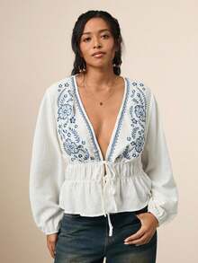 SHEIN VCAY Plus Size Bohemian Style Floral Embroidered Deep V Lantern Sleeve Flared Hem Blouse  Embroidery Lace-Up - White - View 4