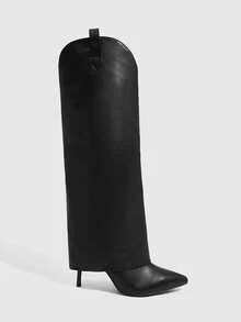 CUCCOO SZL 女士尖头高跟靴，黑色 PU 皮革，分层设计，时尚舒适，适合日常、派对、活动，侧拉链 - 黑色 - 查看 3