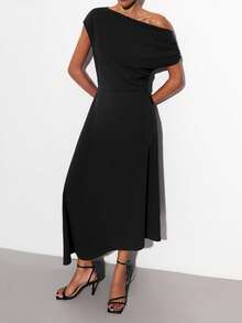 Maija Women's Solid Color Ruched Asymmetric Elegant Long Dress, Suitable For Urban Commute, Business Casual, Office Wear, Christmas Party, New Year Party, Black Dress Elegant Dresses For Party   Black Dress - Black - View 5