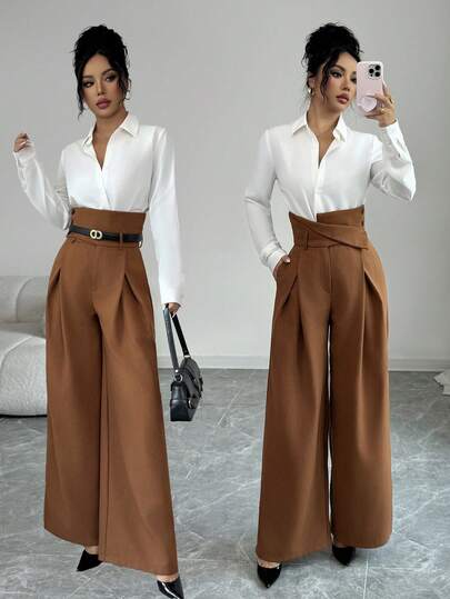 Elenzga 高腰系带褶饰宽松阔腿裤，英伦风