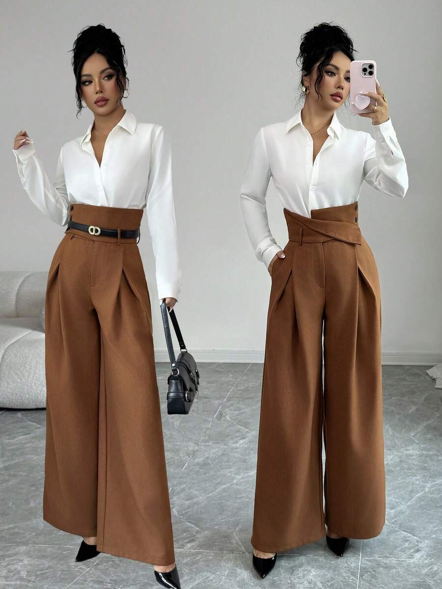 Elenzga 高腰系带褶饰宽松阔腿裤，英伦风 - 棕色 - 查看 1