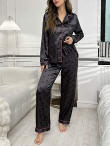 LuxeNights Valentine's Day Faux Silk Heart Print Long Sleeve Pajama Set With Lapel, Fall Winter Clothes Cozy And Elegant Details - Black - View 4