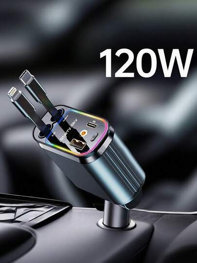 Teckwe 1pc Car Charger Supports Super Fast Charging, Retractable 4-In-1 Cigarette Lighter Charger